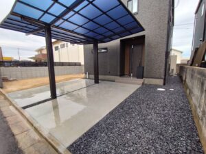 カーポート、土間コンクリート、土、整地、真砂土、 令和建設、外構工事、エクステリア